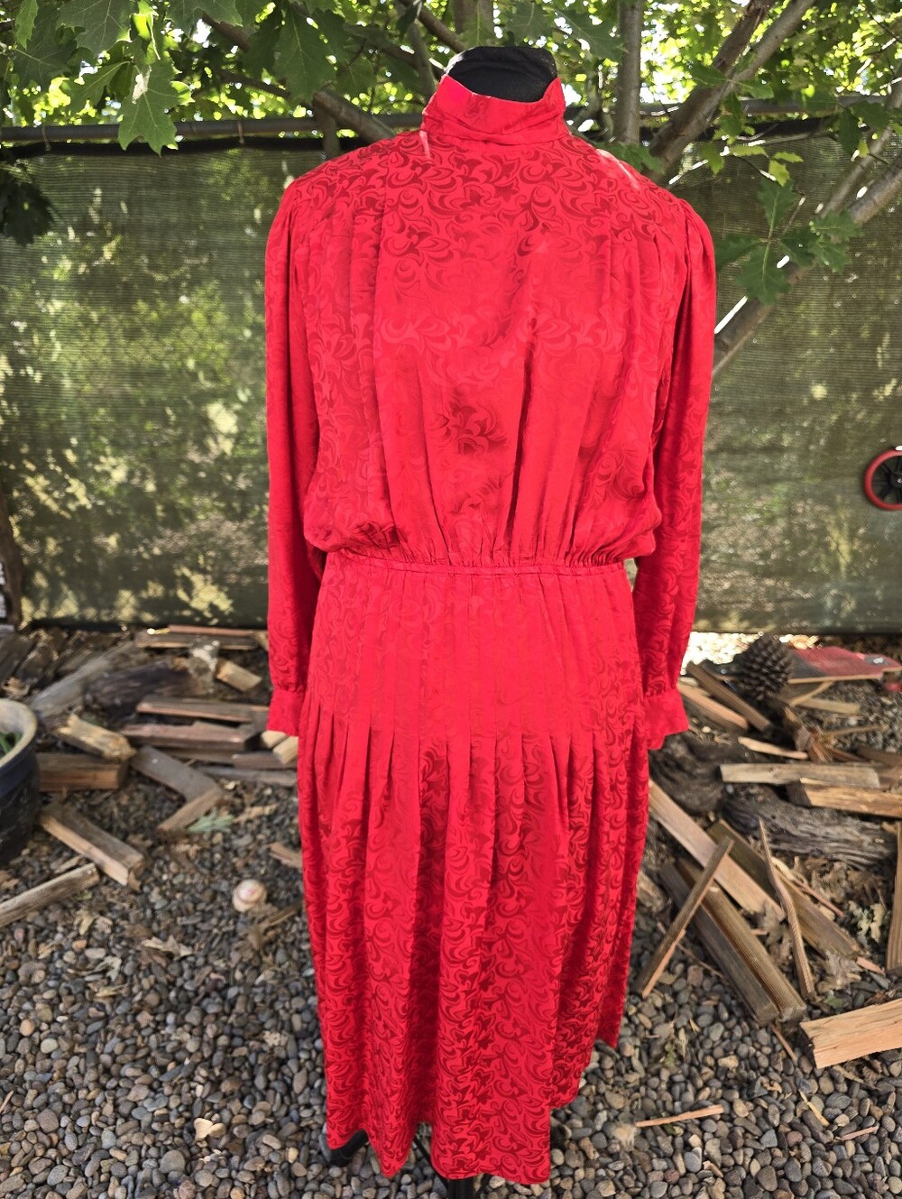 Vtg 80's 90's Red Silk High-Neck Long Sleeve Midi Dress Glamour Old Money